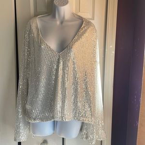 SHEIN white plus V neck flounce sleeve sequin blouse